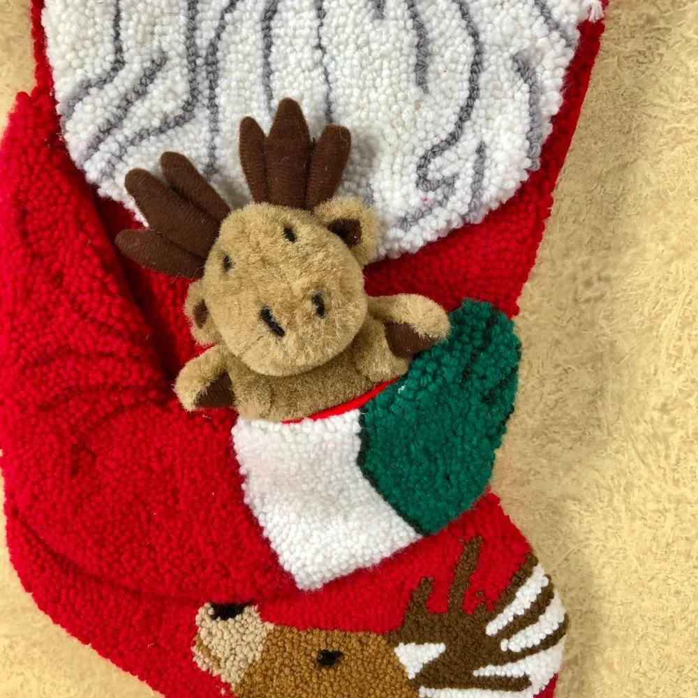 Vintage 3D Santa Reindeer SUPER Plush Quilted Christmas Stocking 20